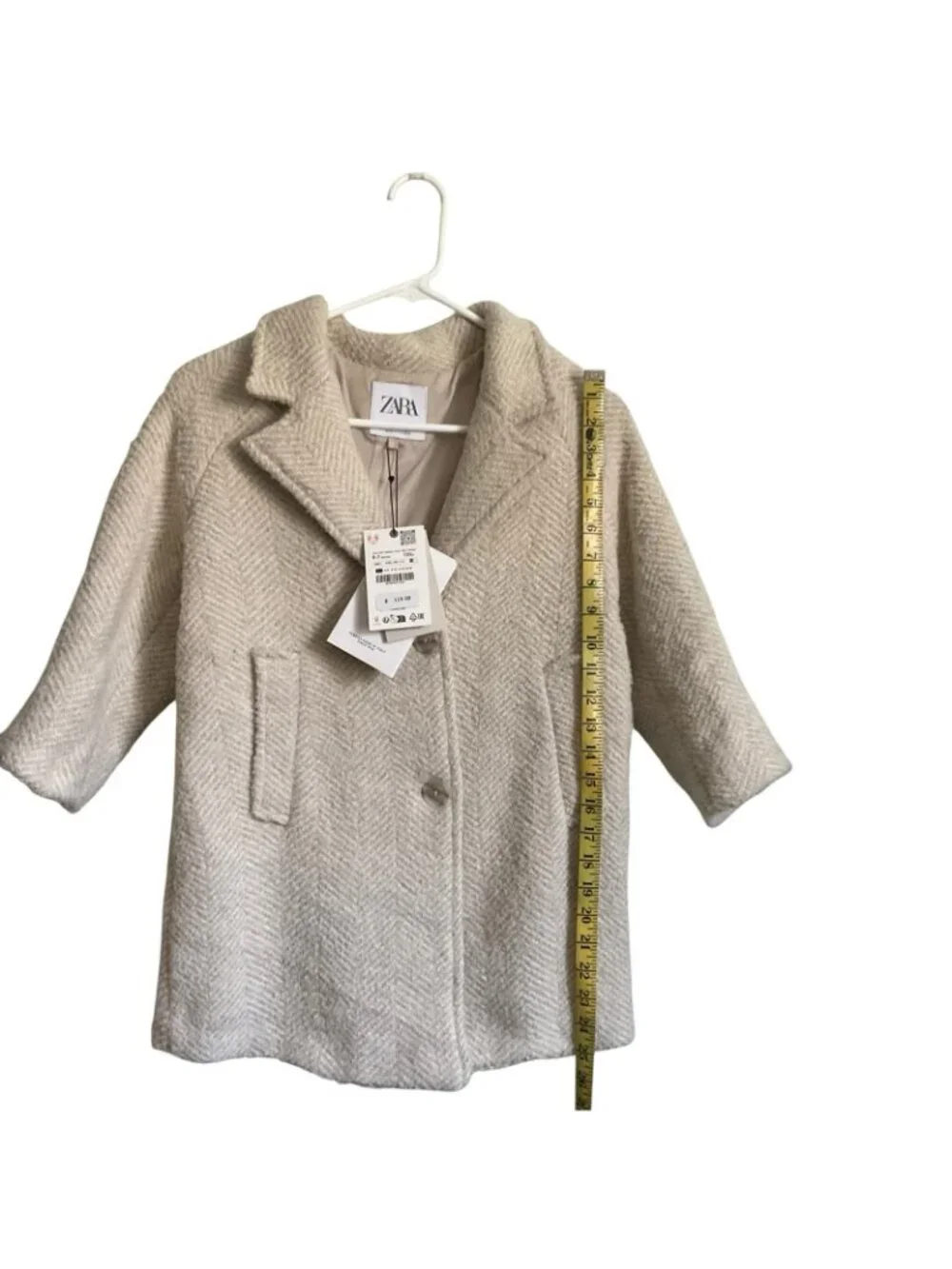 Zara Girls Coat Wool Collared Button Up Beige Size 6-7 Oversized Fake Pockets